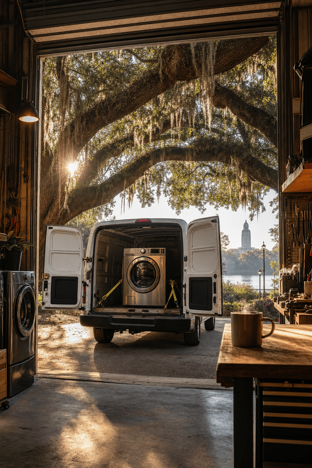 Solutions Unlimited LLC shop bay door open under Baton Rouge oak trees, delivery van staged with a new appliance ready for morning delivery