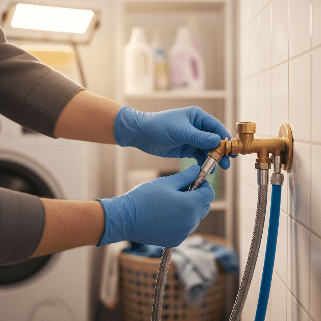 Hands connecting a washing machine water hose to a wall valve