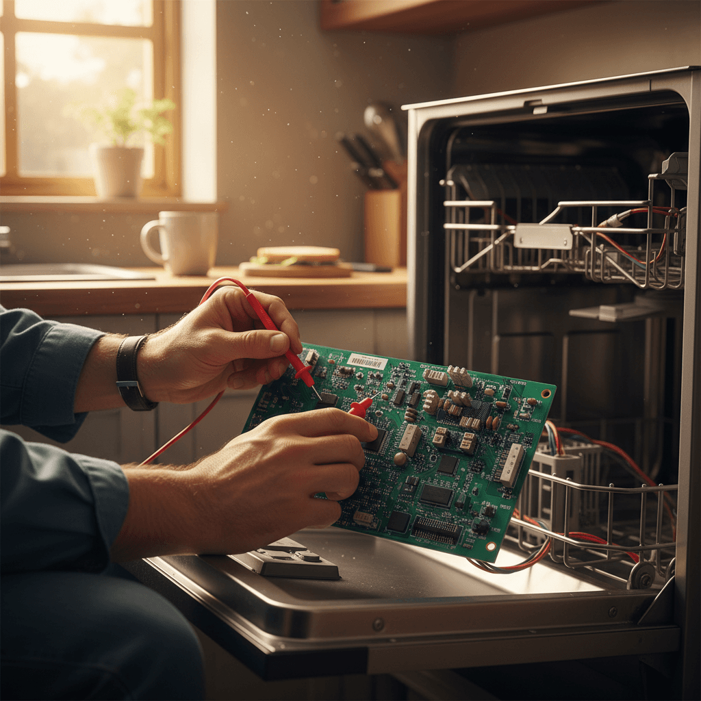 Technician testing a dishwasher control board with a multimeter