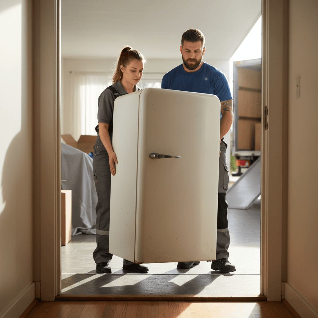 Two technicians carrying an old refrigerator out of a home