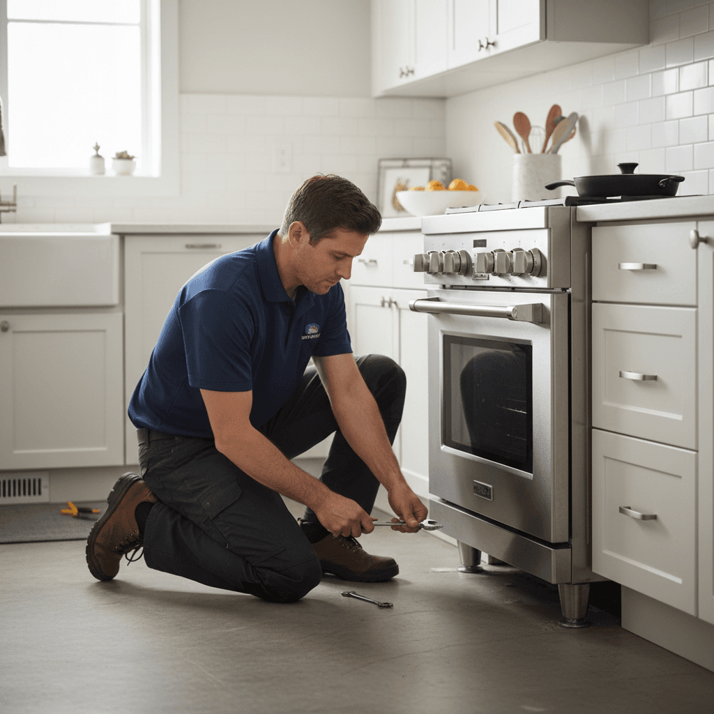 Technician adjusting the leveling feet of a freestanding range