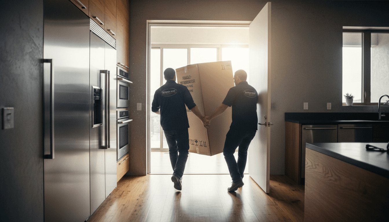 Delivery team carrying a boxed refrigerator into a home kitchen