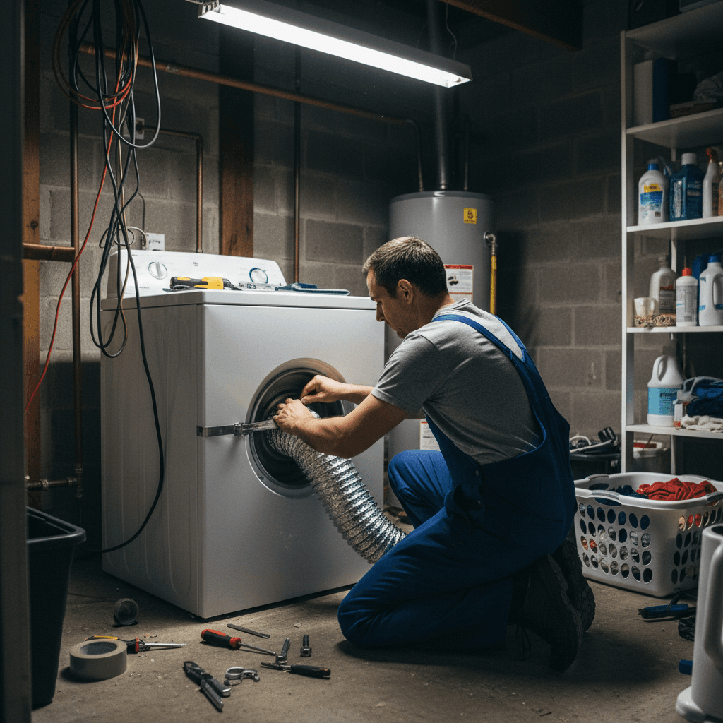 Technician attaching a dryer vent duct behind the appliance