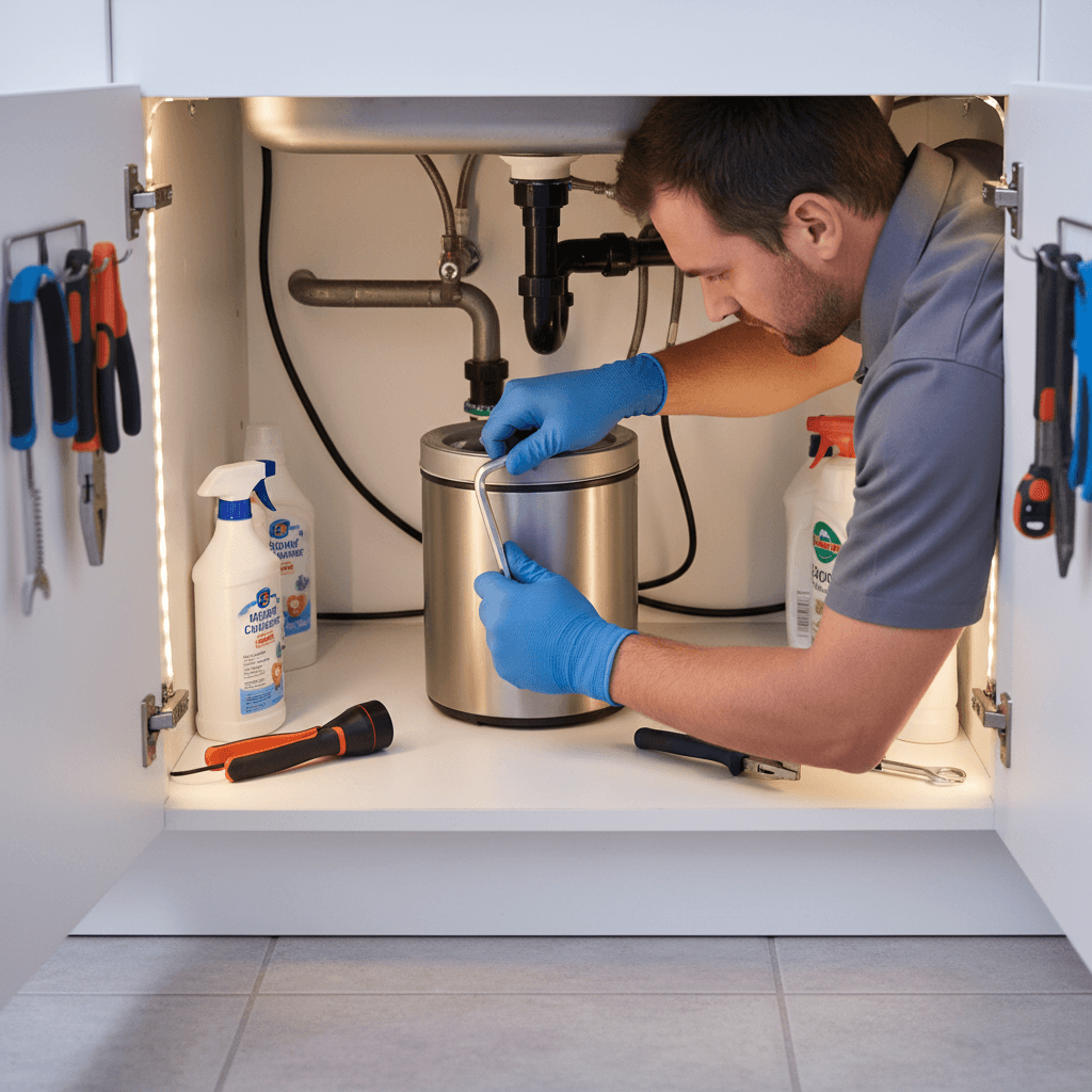 Plumber repairing a garbage disposal under a kitchen sink