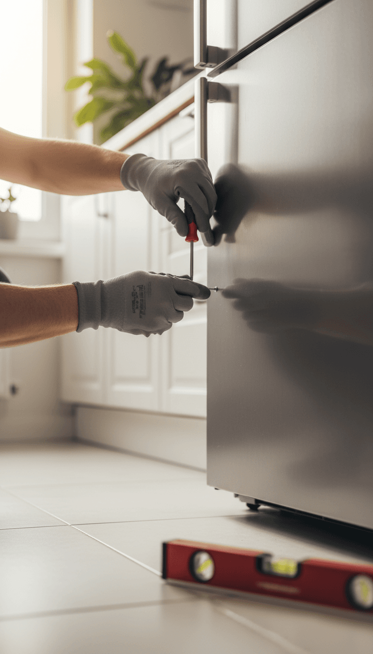 Technician securing the back panel of a new refrigerator in a bright kitchen