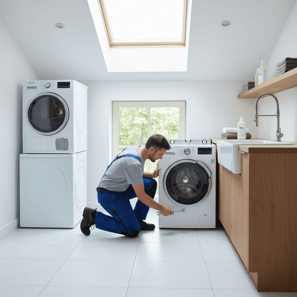 Technician leveling a washing machine with a hand tool