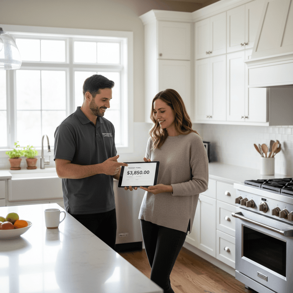 Technician showing a homeowner an estimate on a tablet