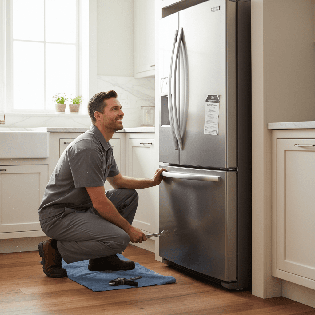 Technician leveling a stainless steel refrigerator in a bright kitchen