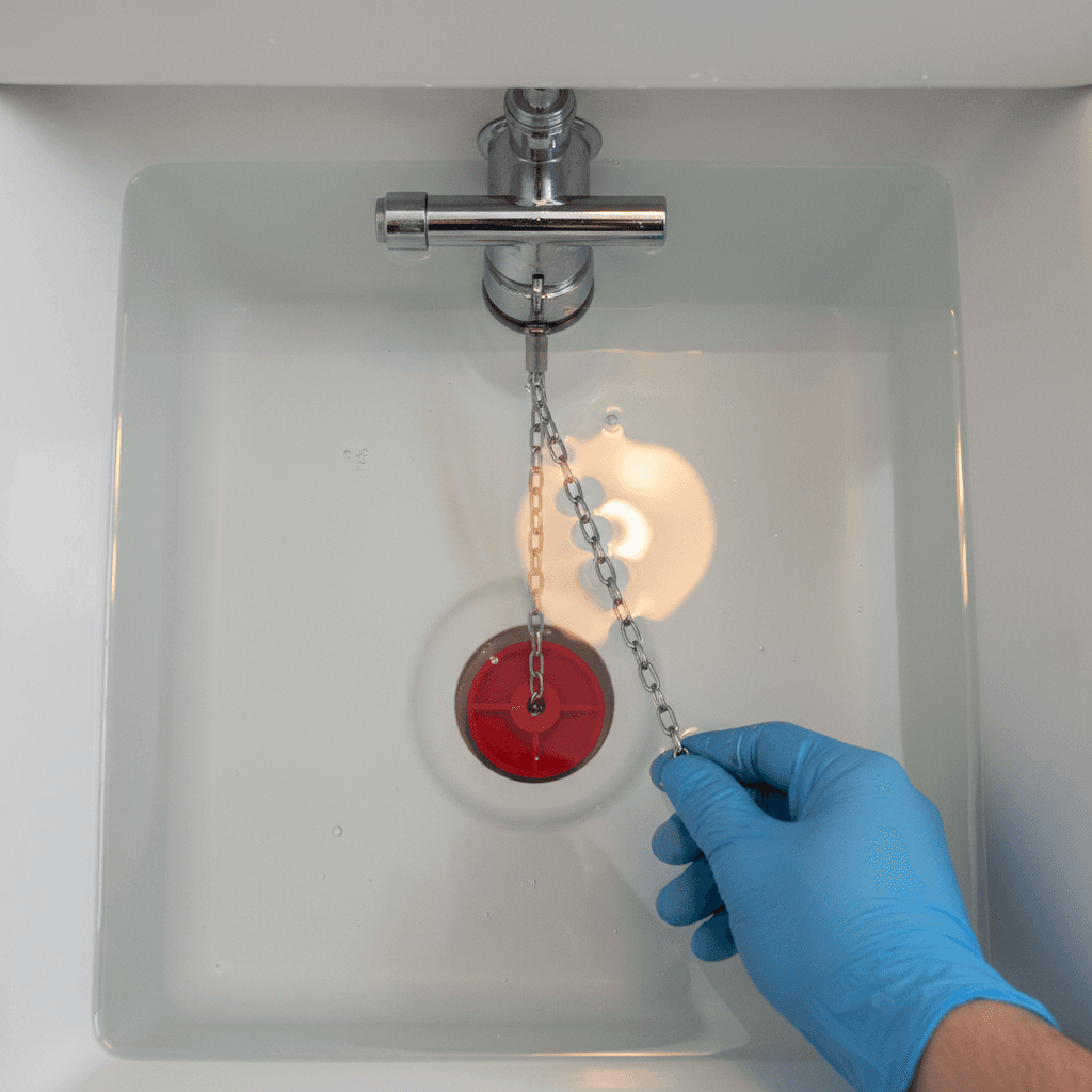 Plumber adjusting a flapper valve inside a toilet tank