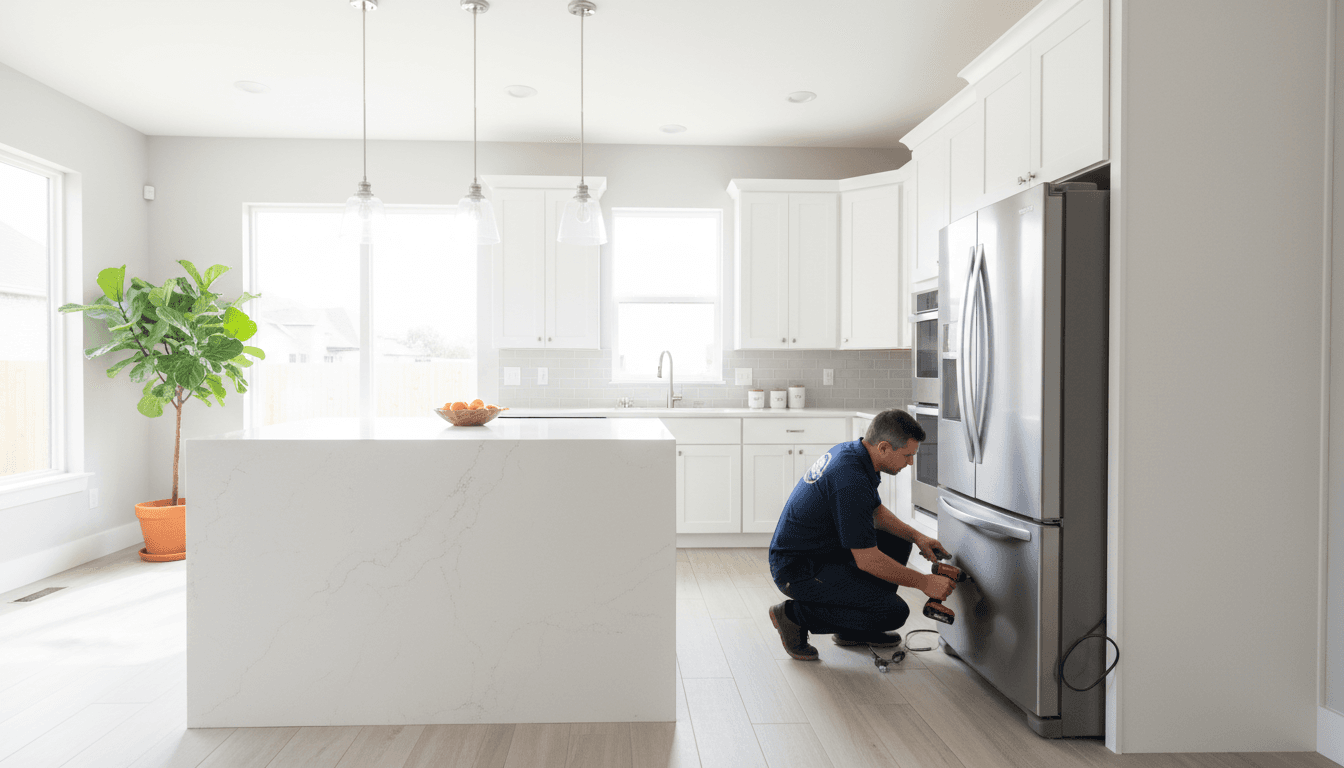 Technician professionally installing a stainless steel refrigerator in a modern Baton Rouge kitchen