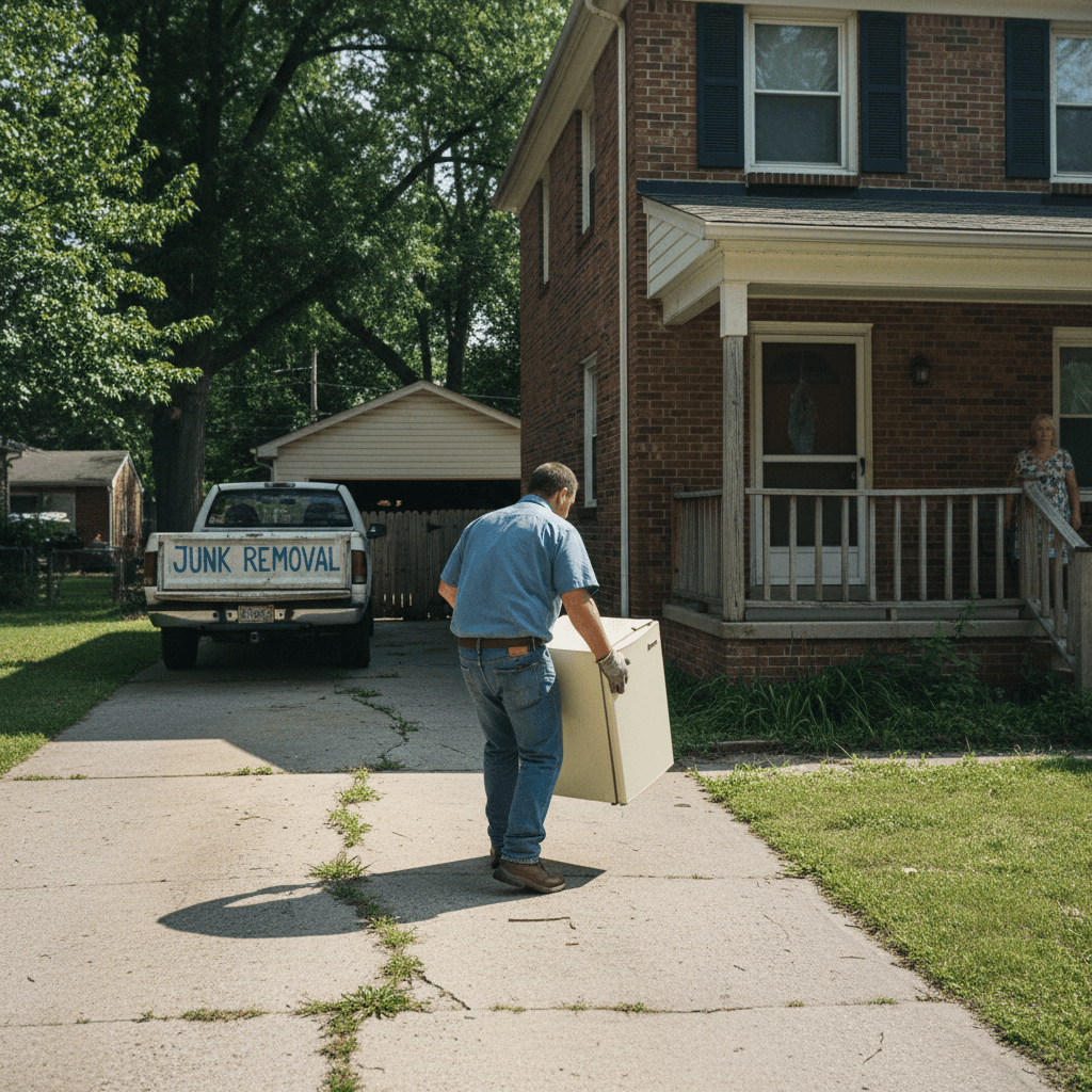 Worker carrying an old refrigerator out of a home