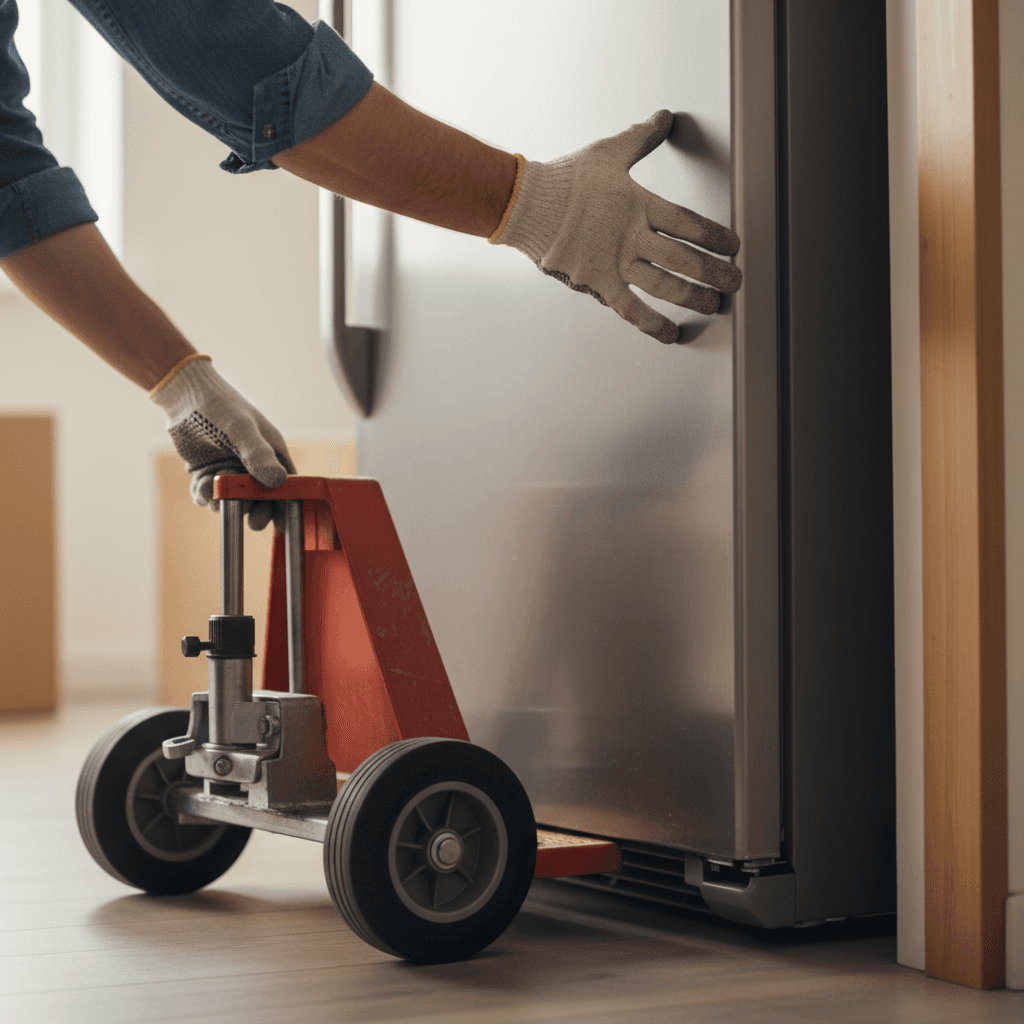 Mover guiding a refrigerator through a doorway on a dolly