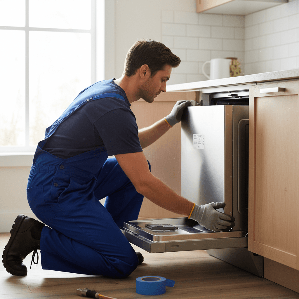 Technician sliding a dishwasher into place under a kitchen counter