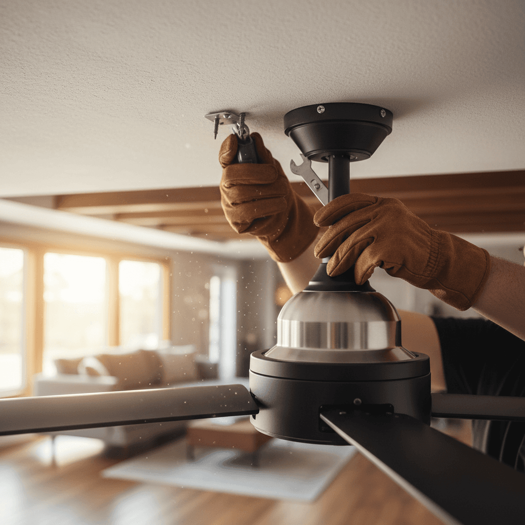 Handyman installing ceiling fan fixture in residential home, using professional tools on white ceiling with natural sunlight