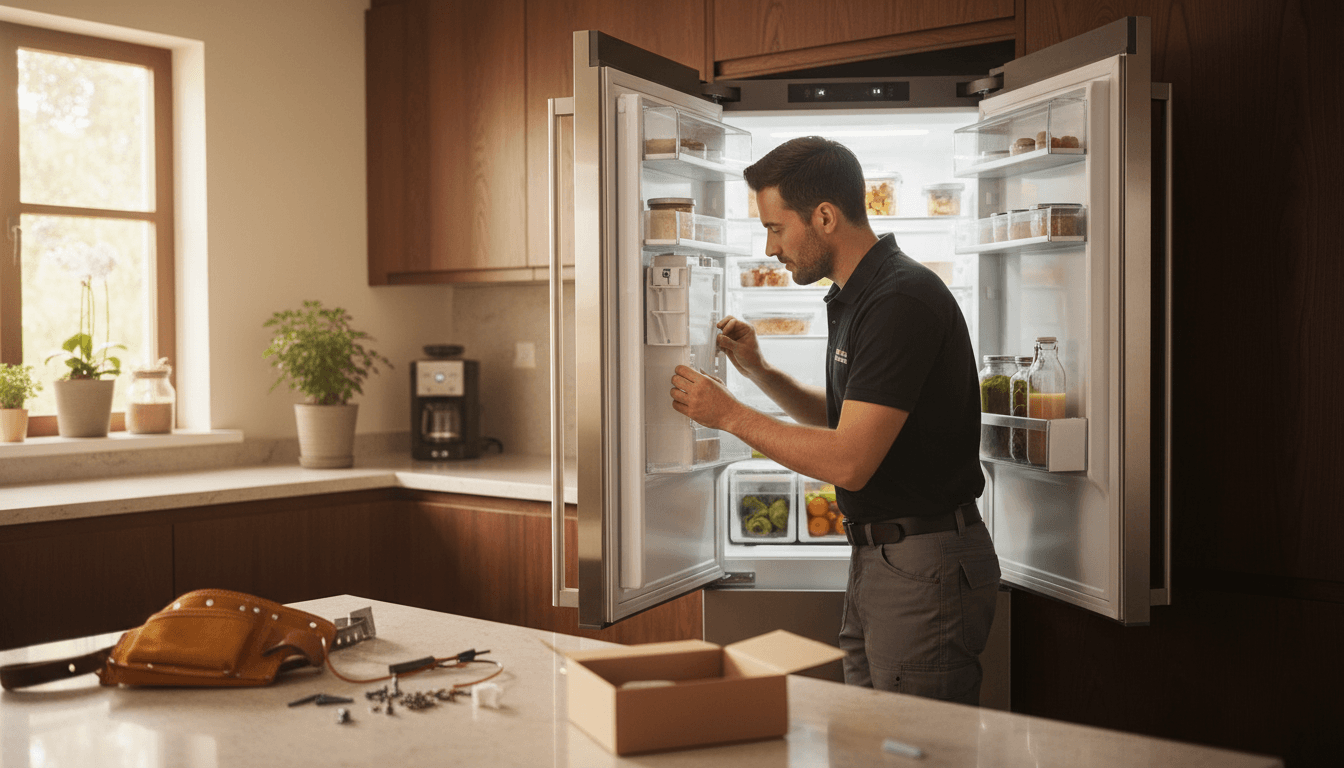 Technician professionally installing a stainless steel refrigerator in a modern Baton Rouge kitchen