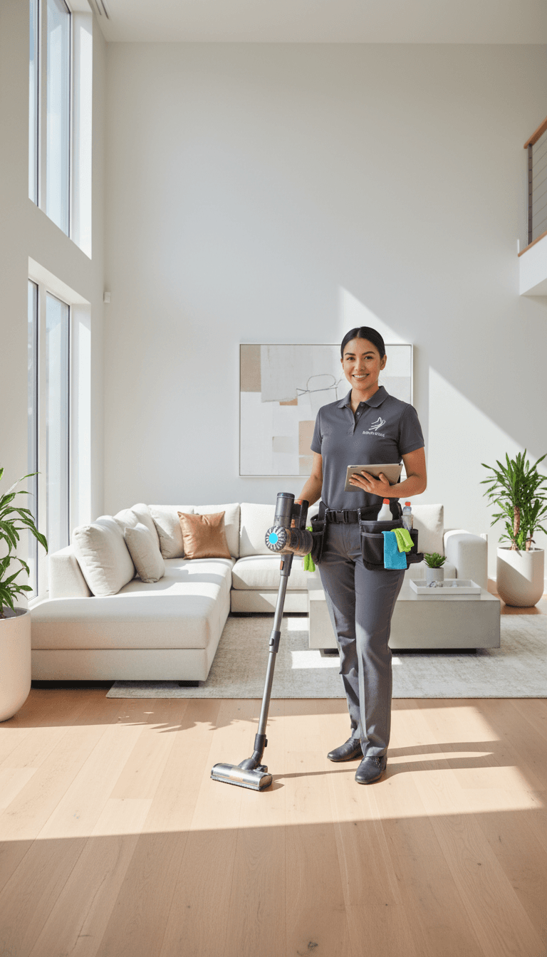 Professional service technician greeting customer in home