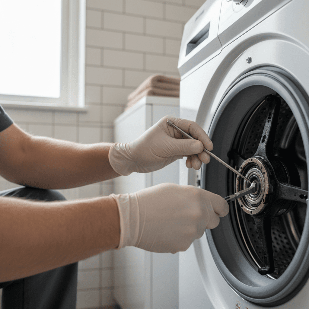 Skilled appliance repair technician working on washing machine